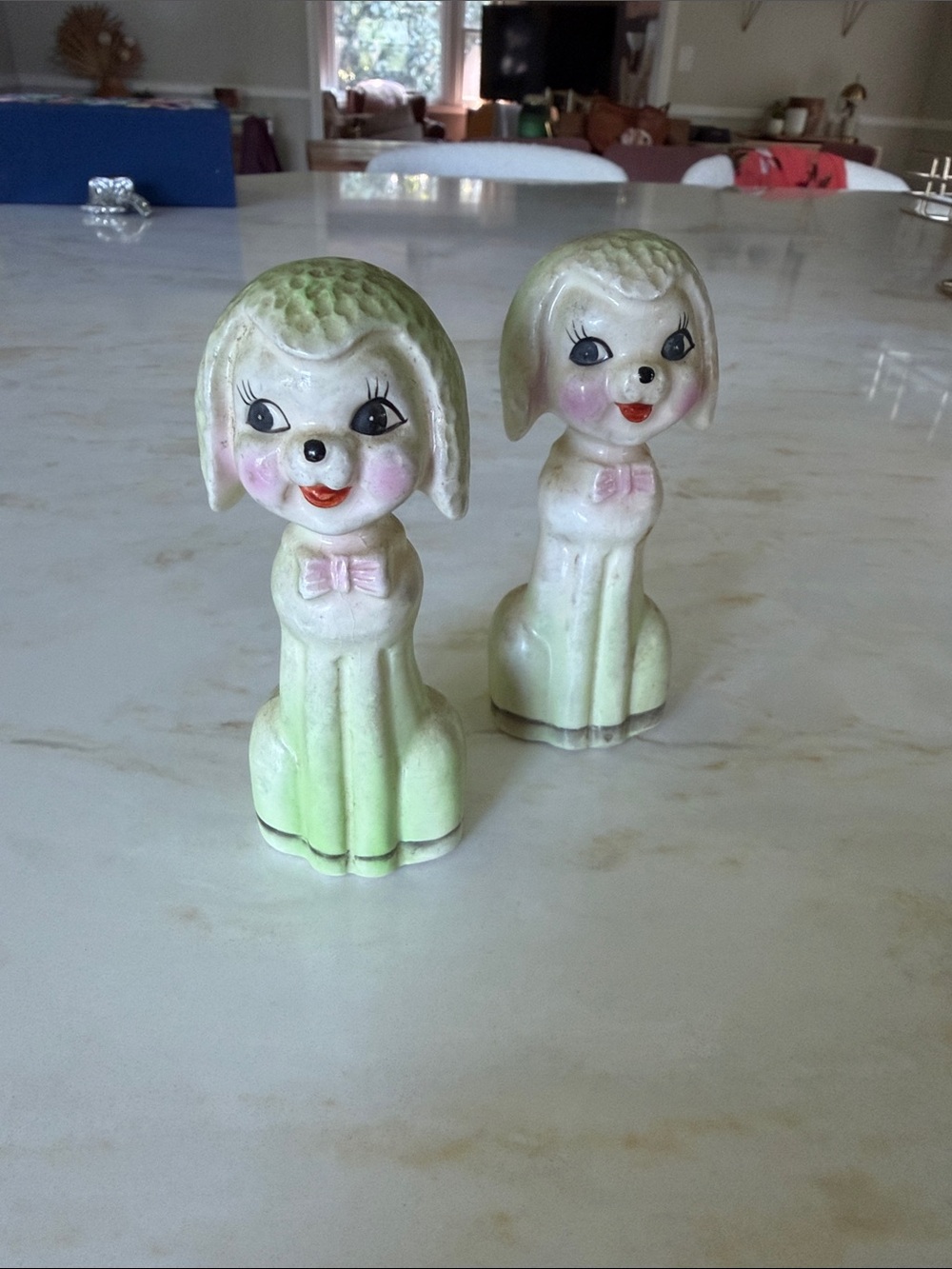 Vintage Ceramic Poodle Figurine Pair in Pale Green